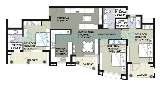 Floor plan of 3 BHK 1790 Sq. Ft. Apartment in Raheja Vedas, Gurgaon