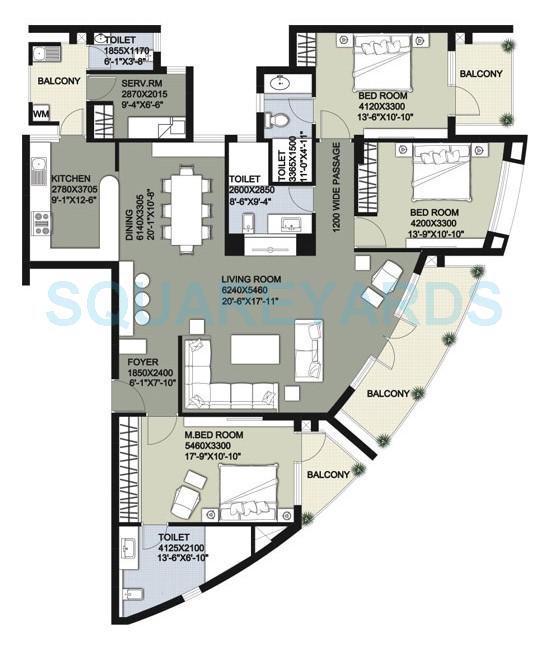 Floor plan of 3 BHK 2490 Sq. Ft. Apartment in Raheja Vedas, Gurgaon