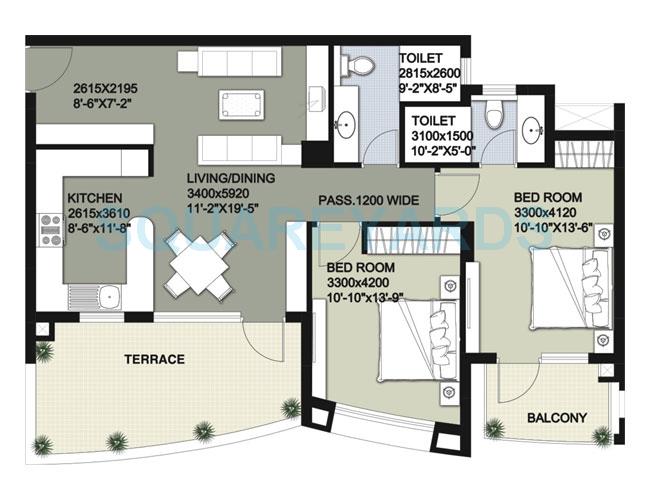 Floor plan of 2 BHK 1408 Sq. Ft. Apartment in Raheja Vedas, Gurgaon