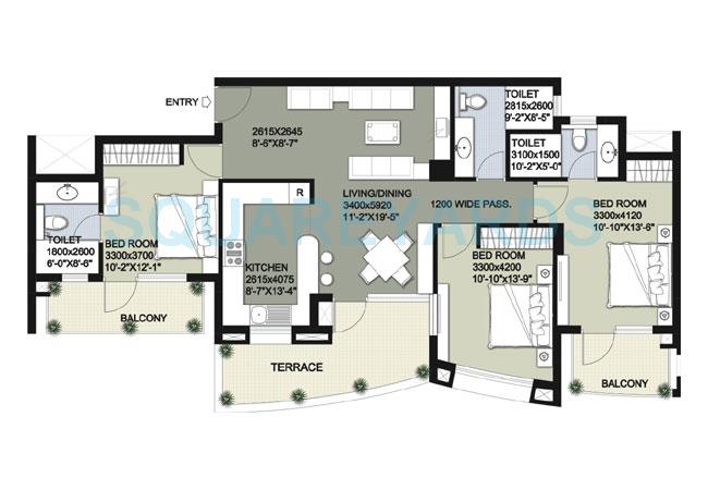 Floor plan of 3 BHK 1838 Sq. Ft. Apartment in Raheja Vedas, Gurgaon