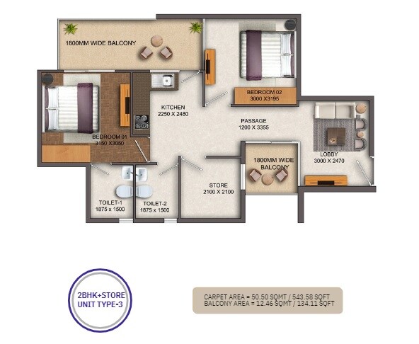Floor plan of 2 BHK 678 Sq. Ft. Apartment in Rajvik Greens, Gurgaon