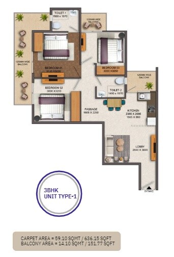 Floor plan of 3 BHK 788 Sq. Ft. Apartment in Rajvik Greens, Gurgaon