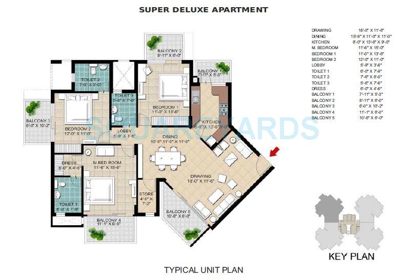 Floor plan of 3 BHK 1750 Sq. Ft. Apartment in Ramprastha AWHO, Gurgaon