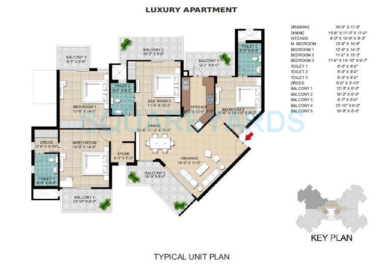 Floor plan of 4 BHK 2150 Sq. Ft. Apartment in Ramprastha AWHO, Gurgaon