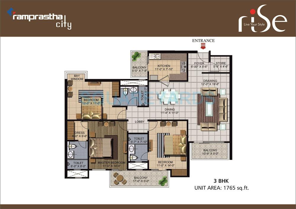 Floor plan of 3 BHK 1765 Sq. Ft. Apartment in Ramprastha City Rise, Gurgaon