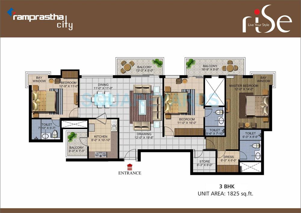 Floor plan of 3 BHK 1825 Sq. Ft. Apartment in Ramprastha City Rise, Gurgaon