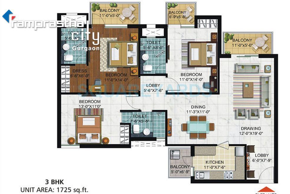 Floor plan of 3 BHK 1725 Sq. Ft. Apartment in Ramprastha Skyz, Gurgaon