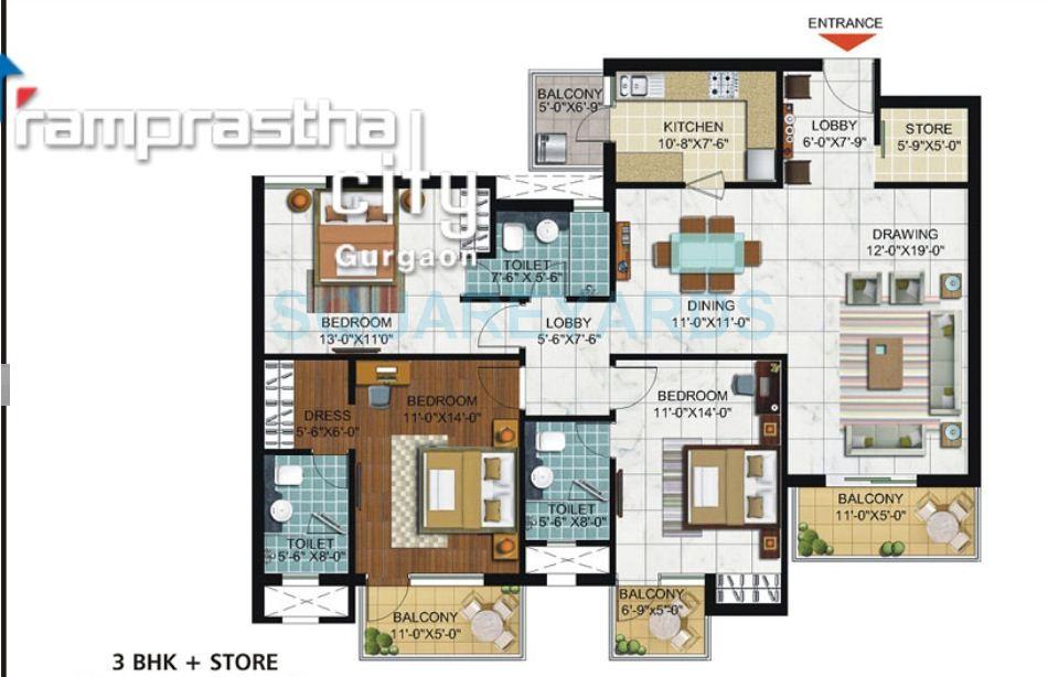 Floor plan of 3 BHK 1750 Sq. Ft. Apartment in Ramprastha Skyz, Gurgaon