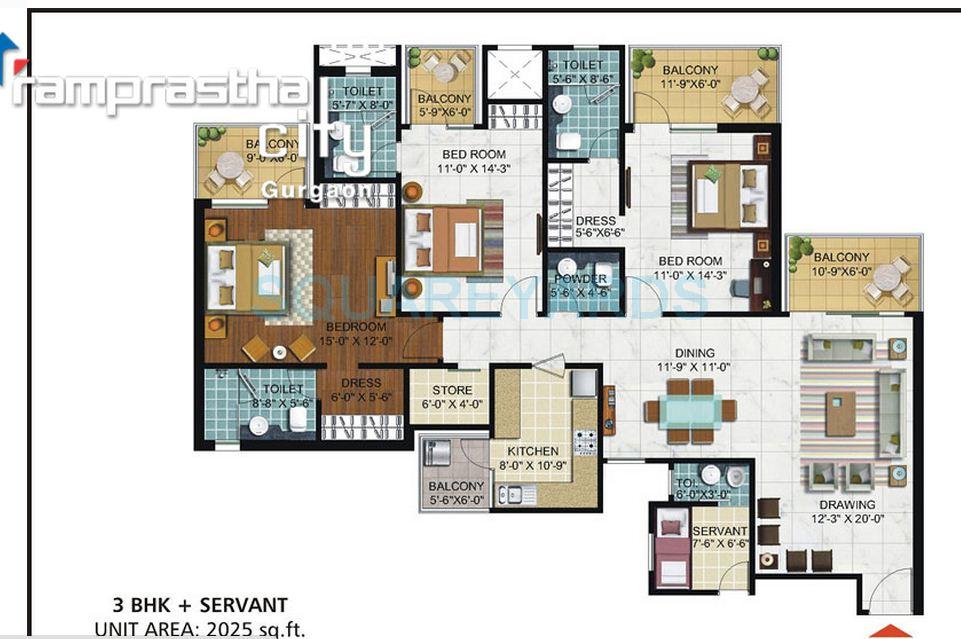 Floor plan of 3 BHK 2025 Sq. Ft. Apartment in Ramprastha Skyz, Gurgaon