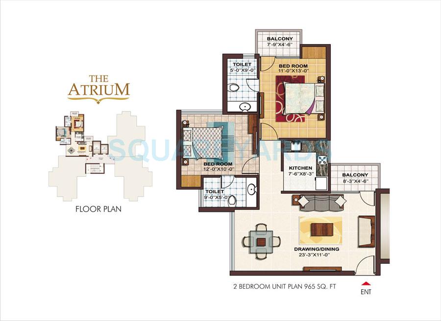 Floor plan of 2 BHK 965 Sq. Ft. Apartment in Ramprastha City The Atrium, Gurgaon