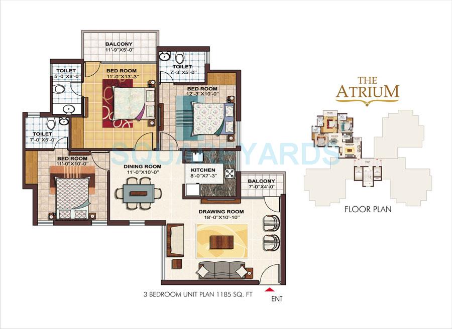 Floor plan of 3 BHK 1185 Sq. Ft. Apartment in Ramprastha City The Atrium, Gurgaon