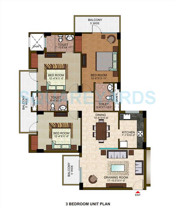 Floor plan of 3 BHK 1485 Sq. Ft. Apartment in Ramprastha City The View, Gurgaon