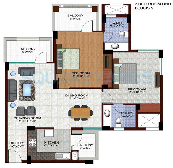 Floor plan of 2 BHK 1310 Sq. Ft. Apartment in Ramprastha City The Edge Towers, Gurgaon