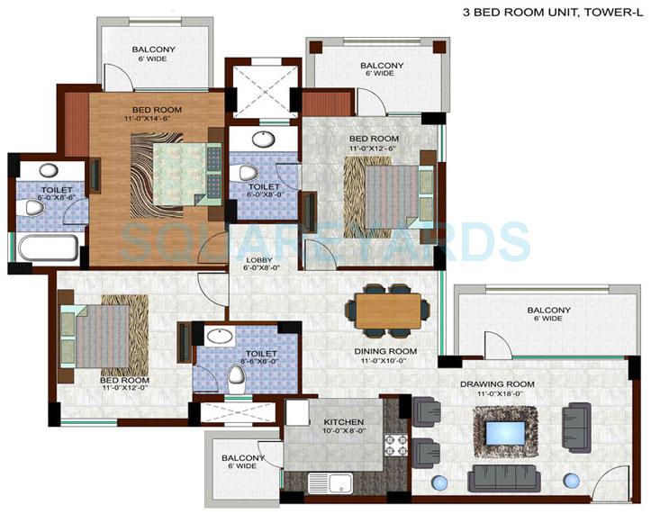 Floor plan of 3 BHK 1675 Sq. Ft. Apartment in Ramprastha City The Edge Towers, Gurgaon