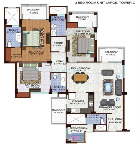 Floor plan of 3 BHK 1990 Sq. Ft. Apartment in Ramprastha City The Edge Towers, Gurgaon