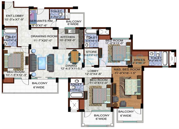 Floor plan of 4 BHK 2390 Sq. Ft. Apartment in Ramprastha City The Edge Towers, Gurgaon