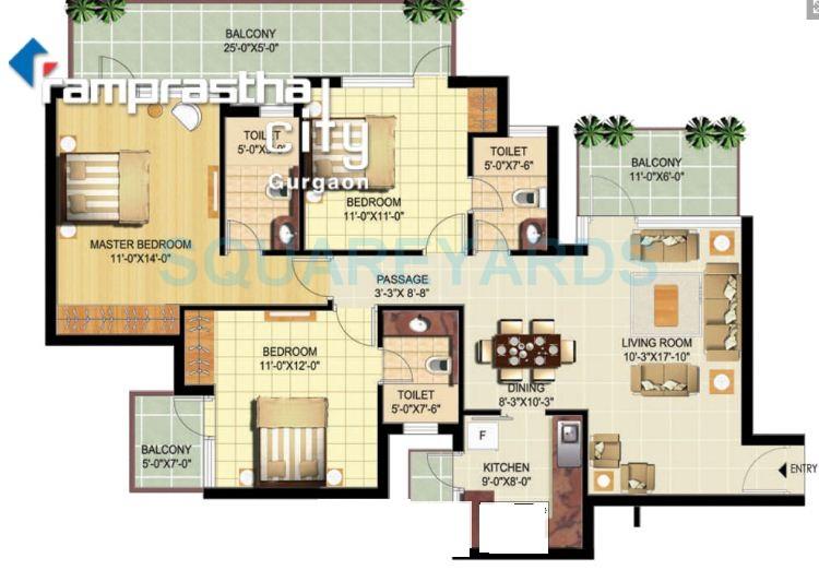  3 BHK Apartment at Ramprastha Primera, Sector 37d – for Rent