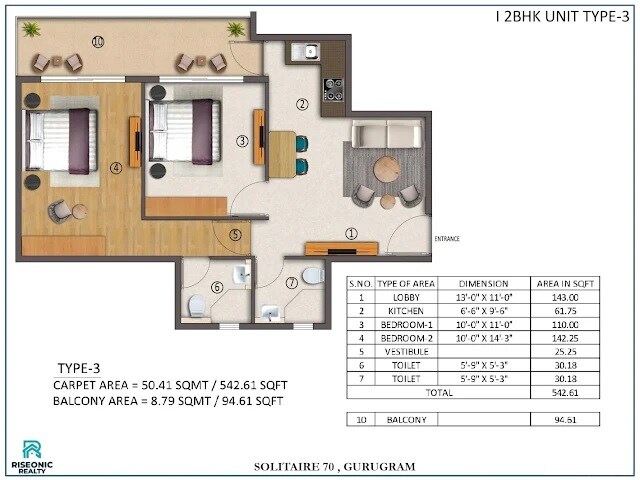 Floor plan of 2 BHK 638 Sq. Ft. Apartment in Riseonic Solitaire, Gurgaon