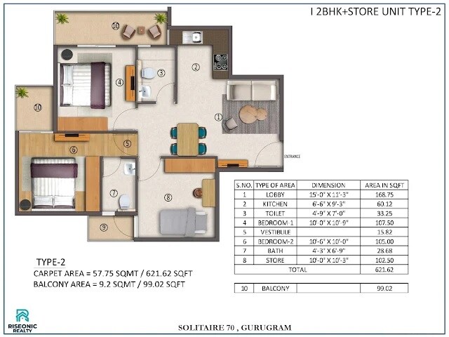 Floor plan of 2 BHK 721 Sq. Ft. Apartment in Riseonic Solitaire, Gurgaon