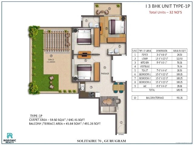 Floor plan of 3 BHK 1131 Sq. Ft. Apartment in Riseonic Solitaire, Gurgaon