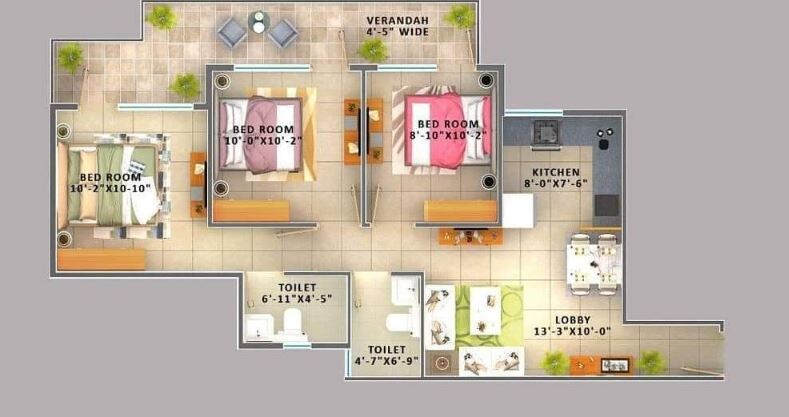 Floor plan of 3 BHK 864 Sq. Ft. Apartment in ROF Aalayas Phase 2, Gurgaon
