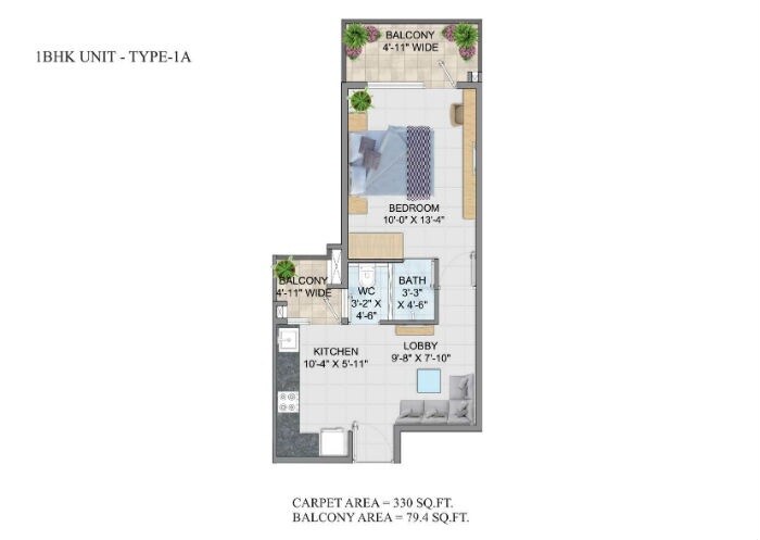 1 BHK 409 Sq. Ft. Apartment