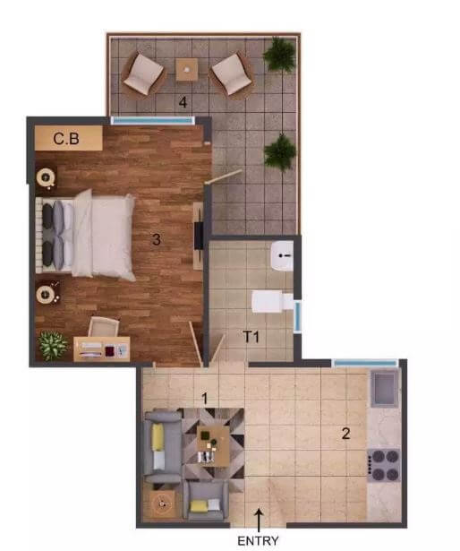Floor plan of 1 BHK 405 Sq. Ft. Apartment in ROF Amaltas, Gurgaon