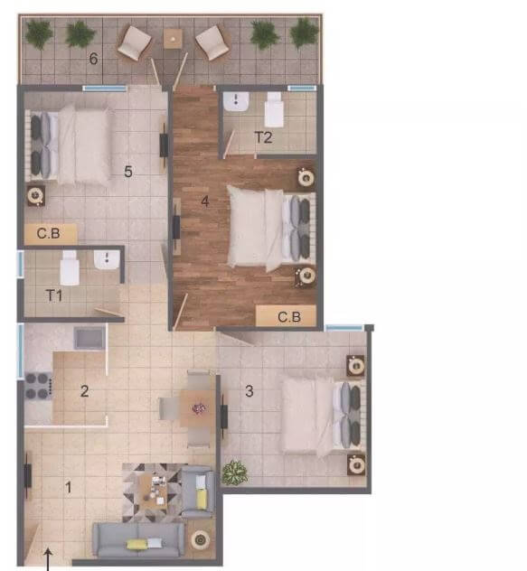 Floor plan of 2 BHK 746 Sq. Ft. Apartment in ROF Amaltas, Gurgaon