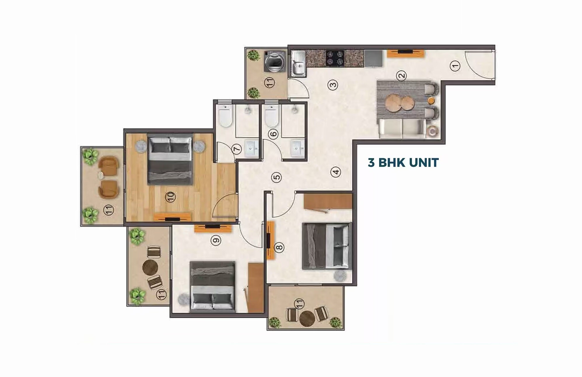 3 BHK 804 Sq. Ft. Apartment