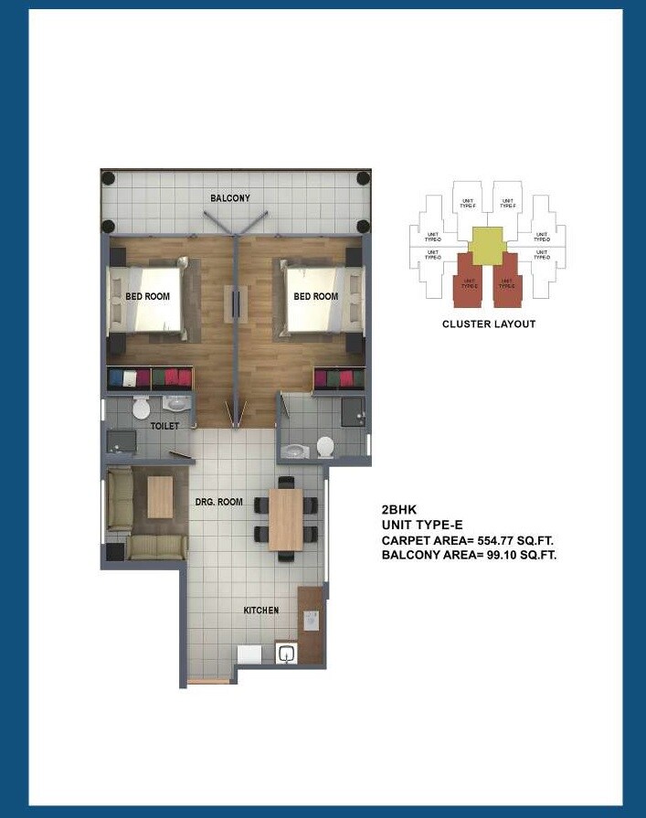 Floor plan of 2 BHK 555 Sq. Ft. Apartment in ROF Ananda, Gurgaon