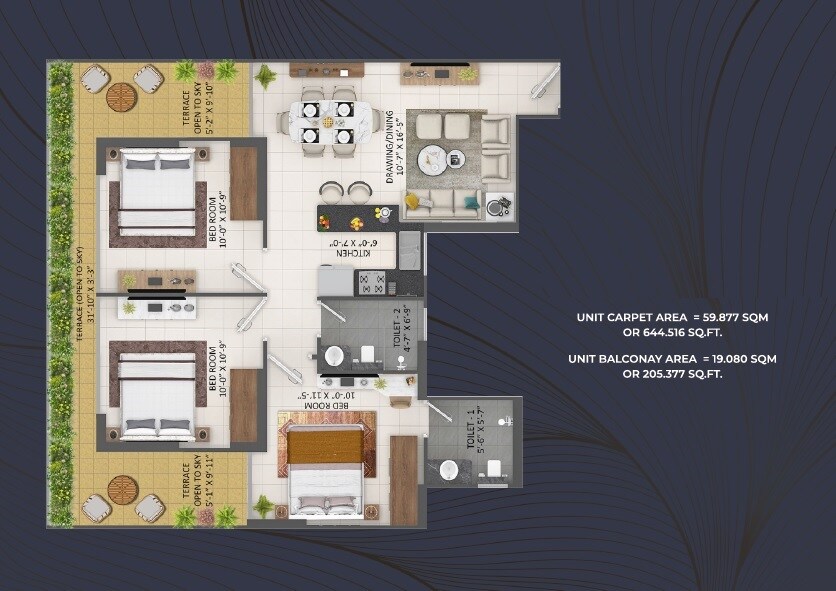 Floor plan of 3 BHK 644 Sq. Ft. Apartment in ROF Antares, Gurgaon