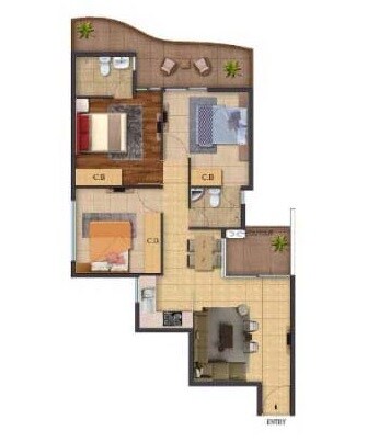Floor plan of 3 BHK 643 Sq. Ft. Apartment in ROF Atulyas, Gurgaon