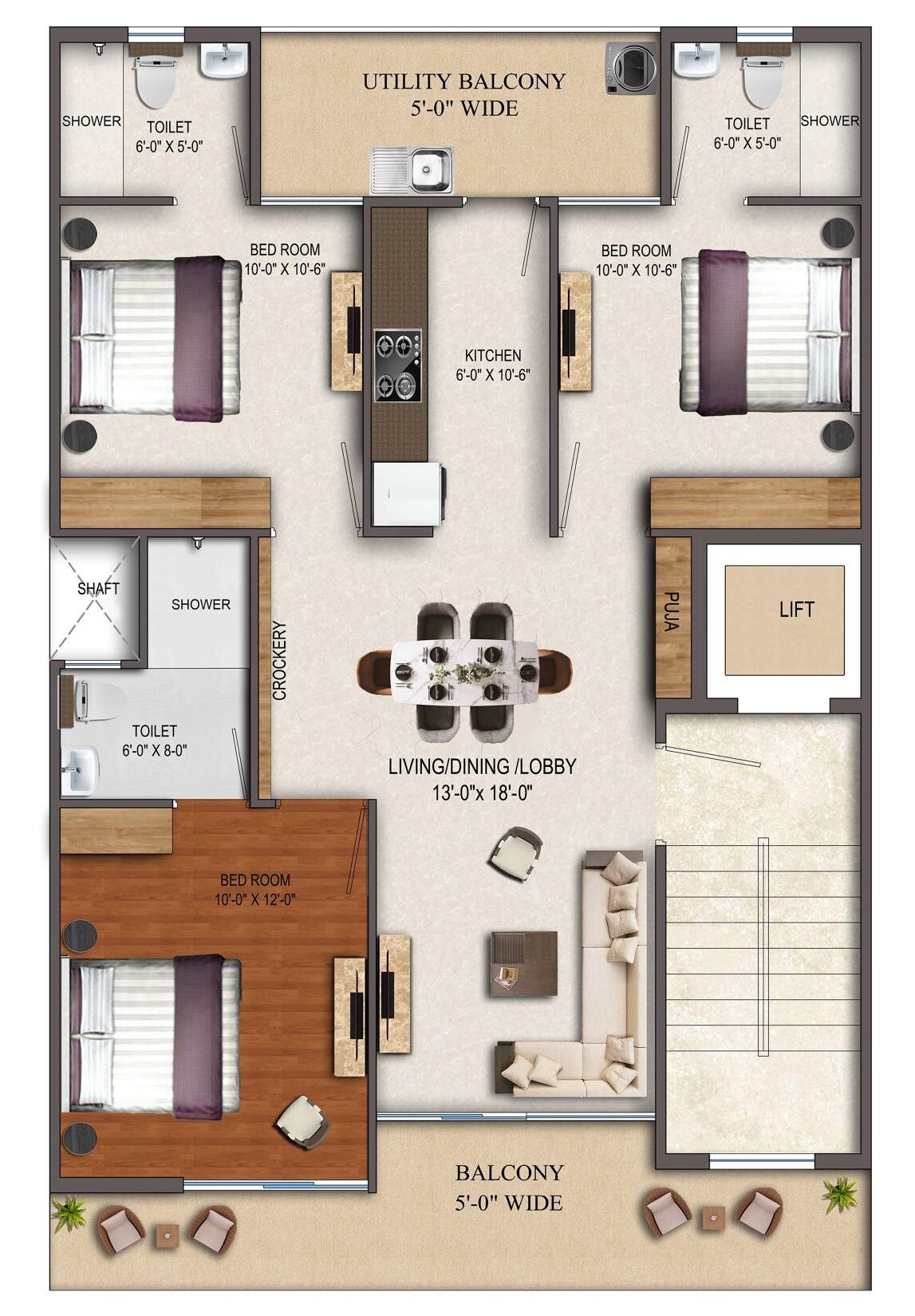 Floor plan of 3 BHK 1225 Sq. Ft. Ind Floor in ROF Insignia Park, Gurgaon