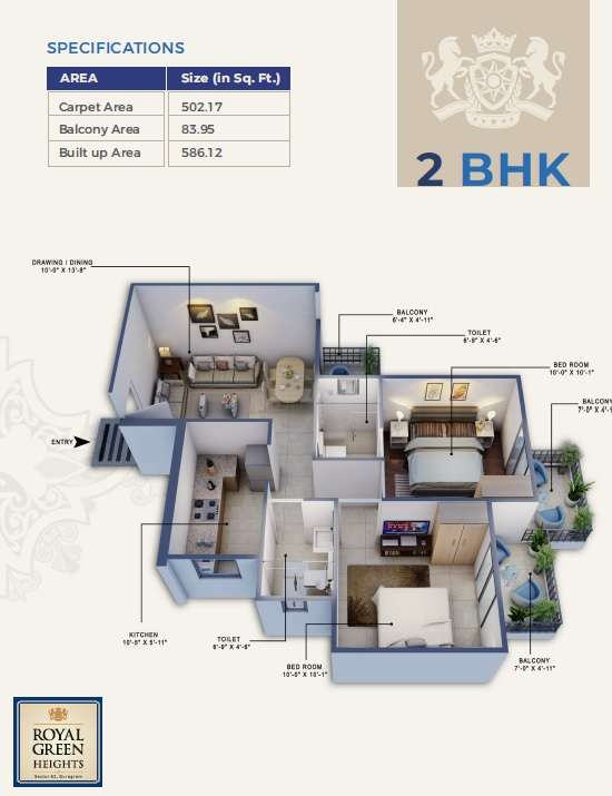2 BHK 502 Sq. Ft. Apartment in Royal Green Heights