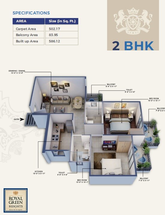 Floor plan of 2 BHK 586 Sq. Ft. Apartment in Royal Green Heights, Gurgaon