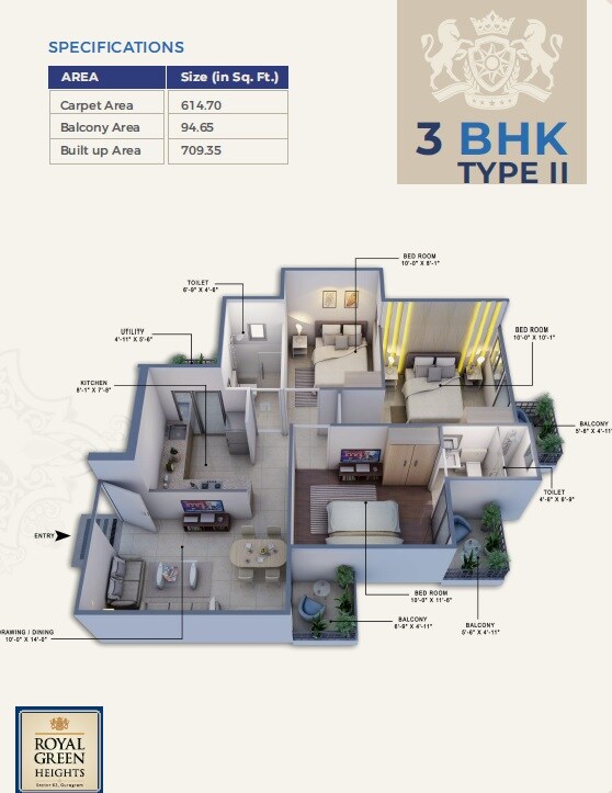 Floor plan of 3 BHK 710 Sq. Ft. Apartment in Royal Green Heights, Gurgaon