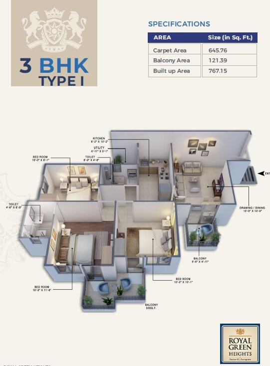 Floor plan of 3 BHK 767 Sq. Ft. Apartment in Royal Green Heights, Gurgaon