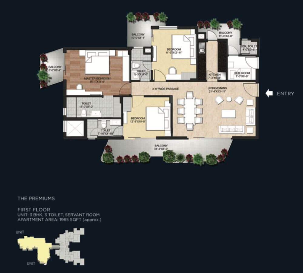Floor plan of 3 BHK 1965 Sq. Ft. Apartment in Saan Verdante, Gurgaon