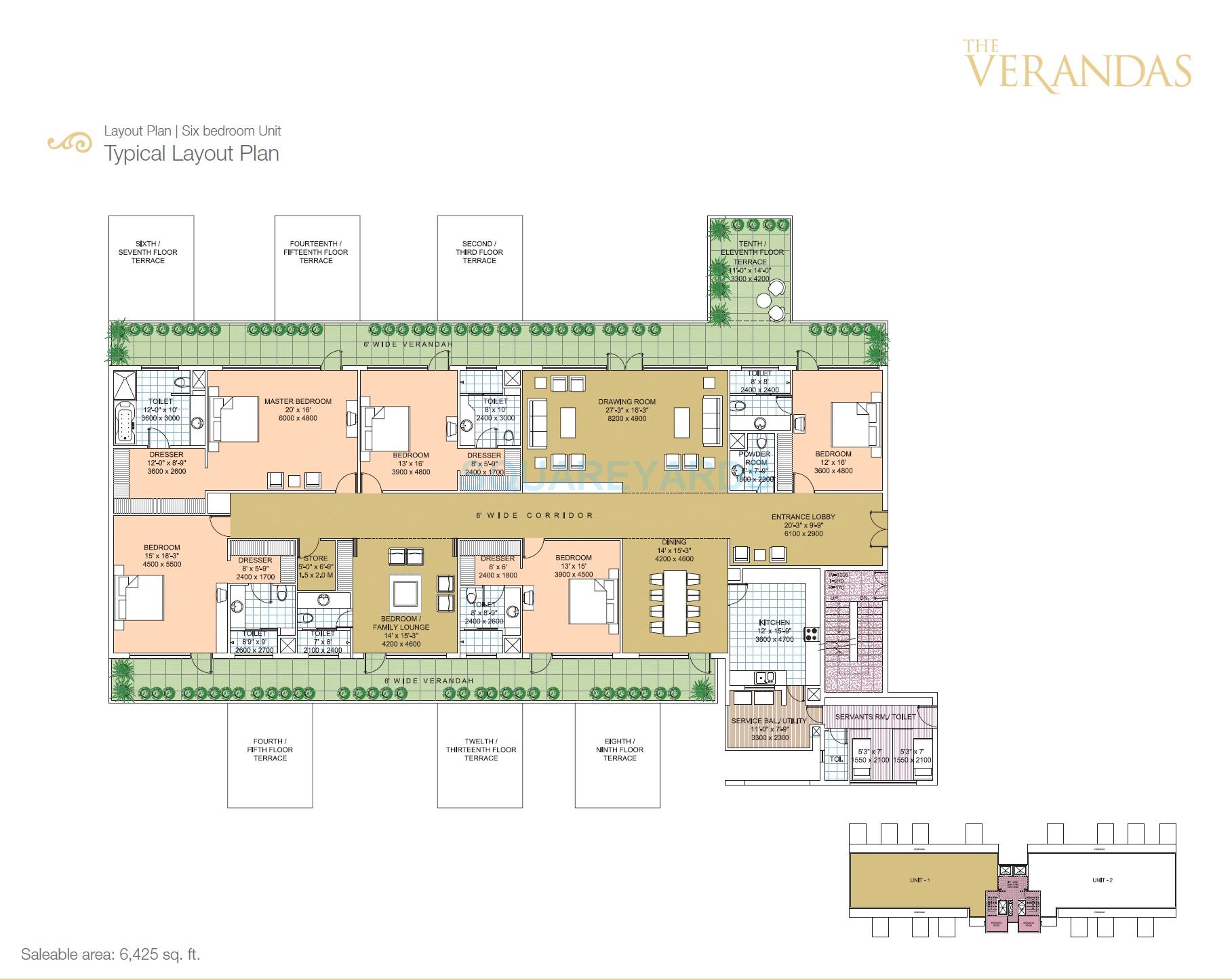 Floor plan of 6 BHK 6425 Sq. Ft. Apartment in Salcon The Verandas, Gurgaon