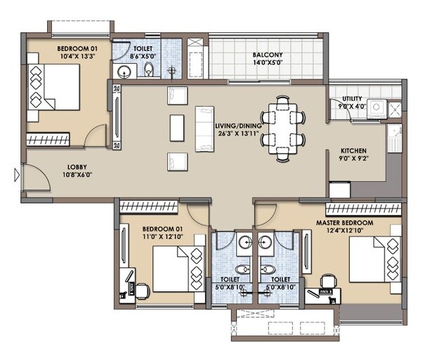 Floor plan of 3 BHK 1830 Sq. Ft. Apartment in Santur Aspira, Gurgaon