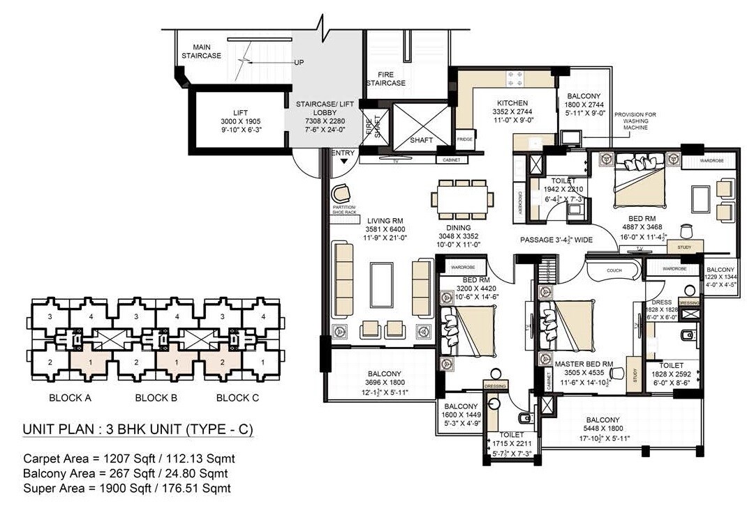 Floor plan of 3 BHK 1900 Sq. Ft. Apartment in Santur Aspira, Gurgaon