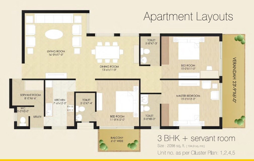 Floor plan of 3 BHK 2098 Sq. Ft. Apartment in Sare Club Terraces, Gurgaon