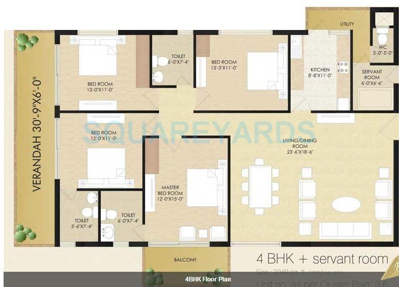 Floor plan of 4 BHK 2349 Sq. Ft. Apartment in Sare Club Terraces, Gurgaon