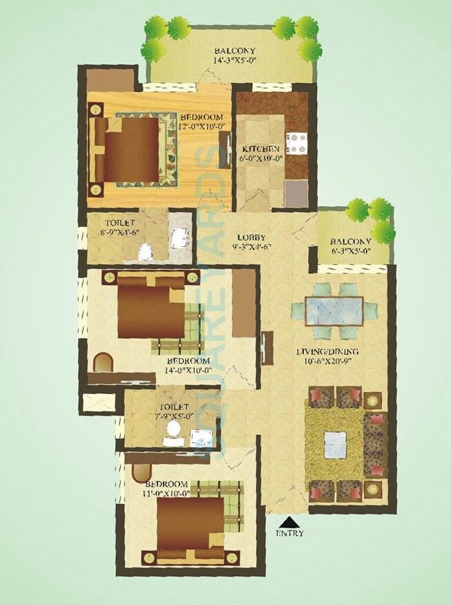 Floor plan of 3 BHK 1261 Sq. Ft. Apartment in Sare Crescent Parc, Gurgaon