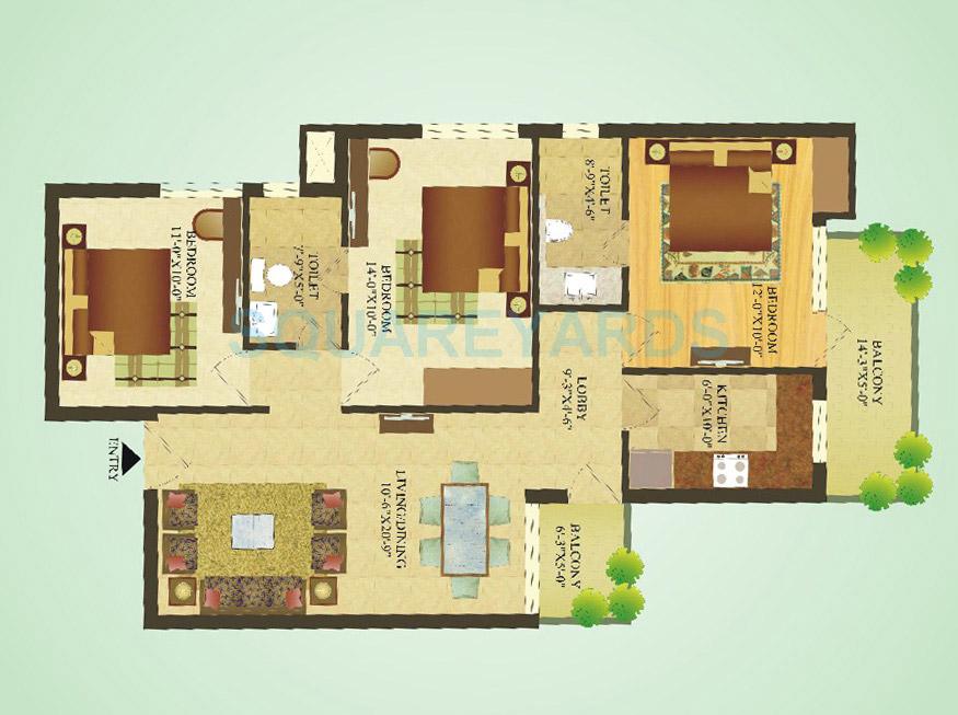 Floor plan of 3 BHK 1180 Sq. Ft. Apartment in SARE Crescent Parc Green Parc, Gurgaon