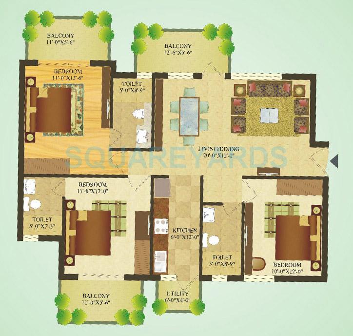 Floor plan of 3 BHK 1417 Sq. Ft. Apartment in SARE Crescent Parc Green Parc, Gurgaon