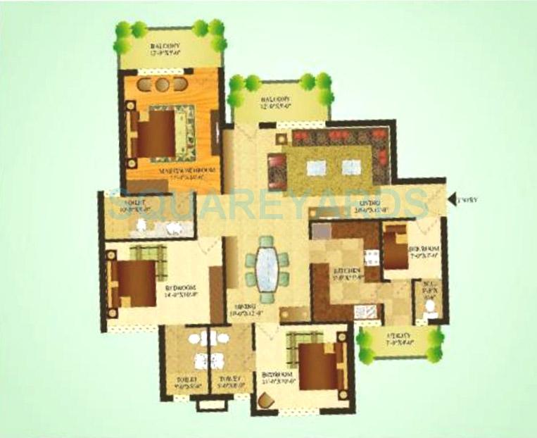 Floor plan of 3 BHK 1608 Sq. Ft. Apartment in SARE Crescent Parc Green Parc, Gurgaon