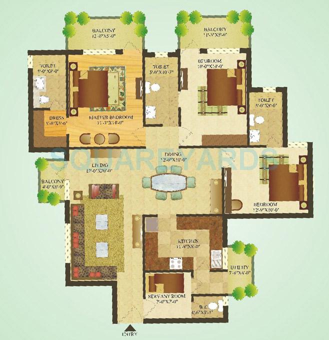 Floor plan of 3 BHK 1665 Sq. Ft. Apartment in SARE Crescent Parc Green Parc, Gurgaon