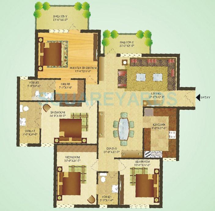 Floor plan of 4 BHK 1712 Sq. Ft. Apartment in SARE Crescent Parc Green Parc, Gurgaon