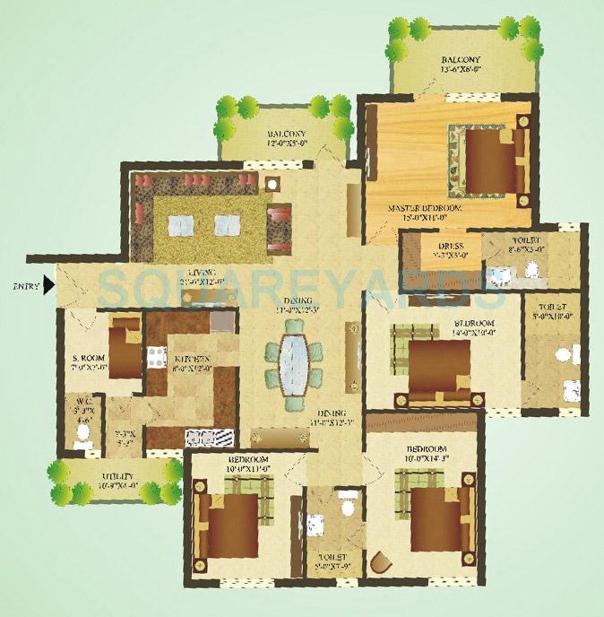 Floor plan of 4 BHK 1870 Sq. Ft. Apartment in SARE Crescent Parc Green Parc, Gurgaon